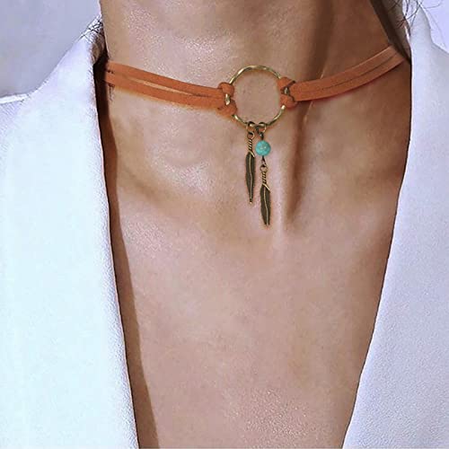 TseenYi Collana girocollo in pelle a strati Collana girocollo in pelle con piume indiane Collana girocollo in velluto a doppio strato Collana Boho Circle Gioielli per donne e ragazze (marrone)