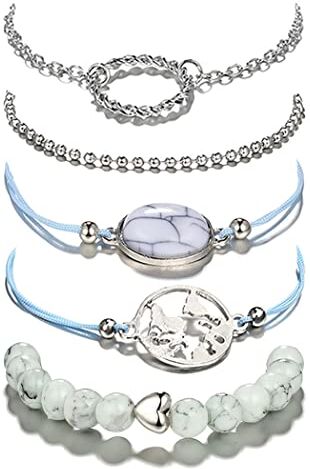 Edary Set di braccialetti in pietra naturale color argento con mappa, accessori per la mano, a forma di cerchio, catena per donne e ragazze (5 pezzi)