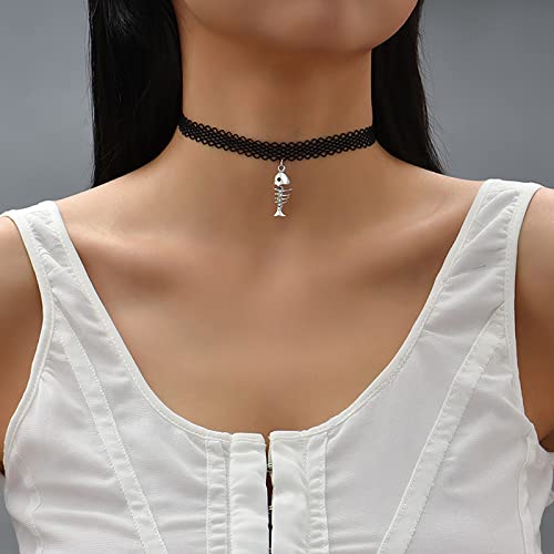 TseenYi Collana girocollo pizzo nero Collana girocollo pizzo tatuaggio gotico Collana ciondolo lisca pesce Collana girocollo pizzo vintage fiore vuoto Collana Cosplay Gioielli feste donne e ragazze