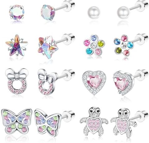 JeweBella 6-10Paia Piccoli Orecchini Bambina Anallergici Acciaio Chirurgico Ipoallergenico Orecchini a Cerchio Farfalla Carina Zircone Fiore Multicolore Cartilagine Set di Orecchini per Donna Ragazze