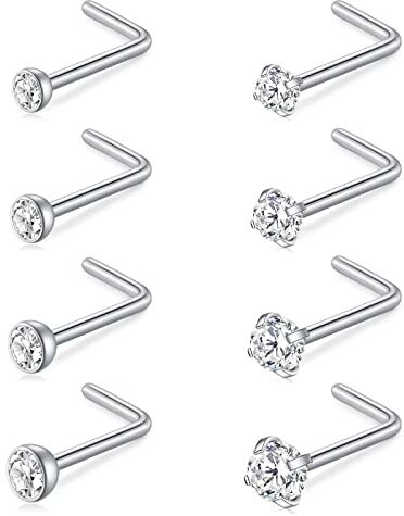 AceFun 18G Curved L-Shaped Nose Studs 1MM Stainless Steel Nose Bar Nostril Piercing Diamond Cubic Zirconia Piercing Body Jewelry Silver 7MM