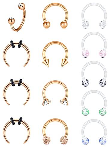 Rajnard 16G 8mm Septum Piercing Labbro Piercing Acciaio Chirurgico con Glitter Ball Piercing Trago Helix Smiley Piercing Gioielli Donna Uomo 13Pcs Oro Rosa