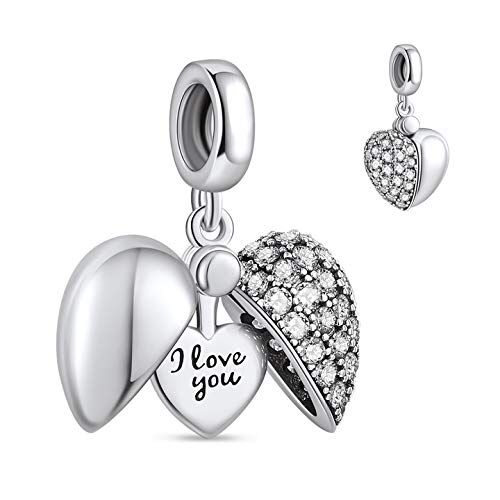 NINGAN Pendente in argento 925 fascino d'amore con zircone lucido ‘i love you’ beading adatto per il regalo della collana del braccialetto delle donne (bianca)