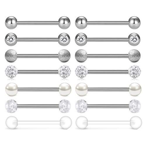 AceFun 14 Pcs Anello al Lingua al Capezzolo Acciaio Inossidabile Argento Barbell Pirecing della Lingua Capezzolo Gioielli da Piercing per Il Corpo 14 Gauge