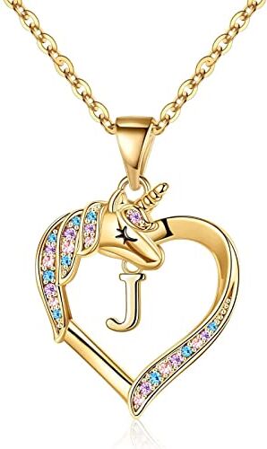 TINGN Regali Unicorno per Ragazze Collana Cuore, Ciondolo Cuore Placcato Oro 14K Collana Unicorno Collana Lettera Regali Unicorno Oro Iniziale J Collane Unicorno per Gioielli Ragazze