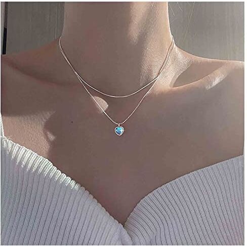 Allereya Collana cuore in pietra luna strati vintage Collana pendente cuore in opale Collana girocollo catena serpente rotonda in argento Collana pietra opale cuore d'amore per donne e ragazze