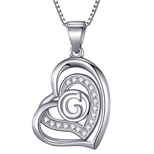 Morella Collana donna a forma di cuore lettera G con zirconi bianchi 46 cm argento 925 rodiato