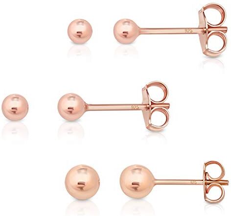 DTPsilver ® Set da 3 Orecchini a Pallina Argento 925 Placcati Oro Rosa Orecchini a Sfera Argento 925 Orecchini Lobo Donna Orecchini Piccoli Argento 925 Diametro 3, 4, 5 mm