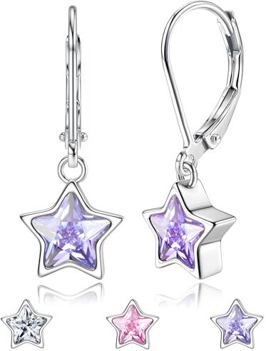 JeweBella Orecchini Pendenti in Argento Sterling 925 con Stella per Donna Bambina Ragazze Anallergici Orecchini Cerchio con Pendente Zirconi Cubici Ipoallergenica Orecchini Pendenti Bianco Rosa Viola