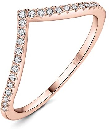 JewelryPalace Half Eternity Anello a V Donna Argento con Cubica Zirconia, Anelli Impilabili Donna 925 con Pietre a Taglio Rotondo, Fede Nuziale in Oro Rosa Anello Matrimonio Set Gioielli Donna 9.5