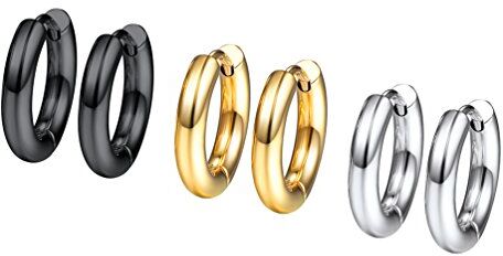 PROSTEEL Orecchini Cerchietto Donna Set di Orecchini Cerchio Donna Uomo Stile Hip Hop, 3 Paia 6 Pezzi, 10 mm Diametro, Acciaio Inossidabile/Placcato oro 18K, Colore Argento Oro Nero(Confezione Regalo)-