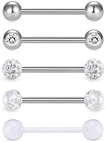 Vcmart 5 piercing per lingua, bar, 16 mm, acciaio chirurgico, 14 gauge in metallo, lingua, anello flessibile, 5 stili, Cristallo