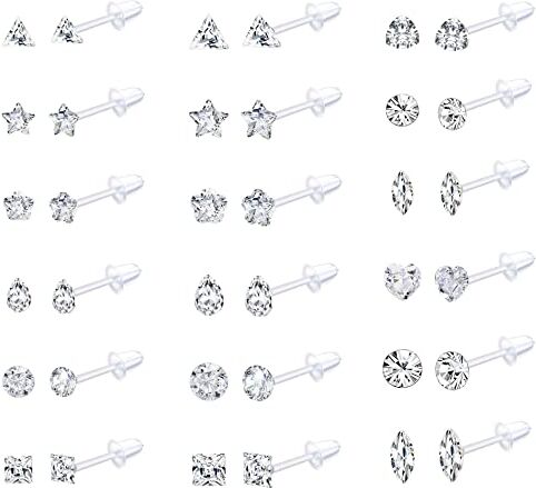 CASSIECA 18 Paia di Orecchini a Bottone in Plastica Trasparente per Donna Uomo Acrilico Post Star Cuore Triangolo Cubic Zirconia Orecchini a Bottone Set Orecchini a Bottone Piercing Fermi