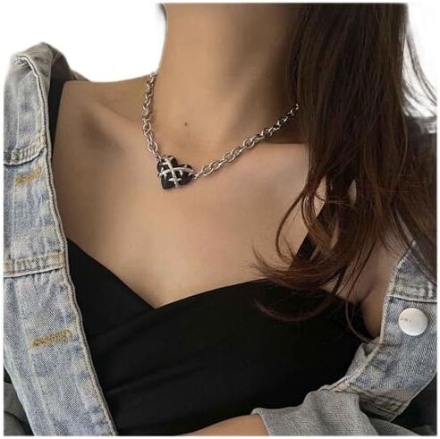 Dervivea Punk Nero Cuore Collana Catena Argento Curb Catena Collana Pendente Cuore Hip Hop Love Heart Girocollo Collana Gioielli per Donne e Ragazze Adolescenti