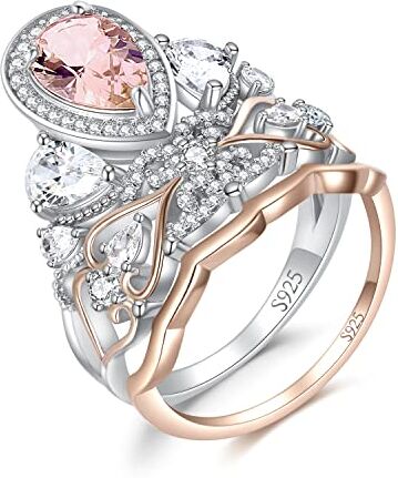 JewelryPalace 2.5ct Vintage Halo Anello Corona Donna Argento con Creato Morganite Zaffiro Rosa, Cuore Anelli Impilabili Donna con Pietra a Pera, Fede Oro Rosa Anello Fidanzamento Set Gioielli Donna