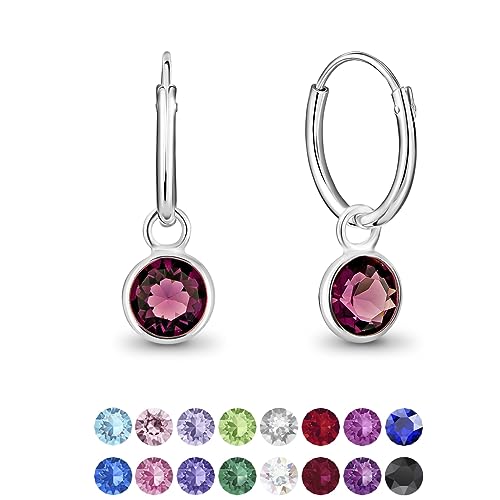 DTPsilver ® Orecchini a Cerchio Piccoli Argento 925 con Cristalli Swarovski® Elements Pendenti Rotondi Spessore : 1.2 mm Diametro: 12 mm – Colore: Ametista