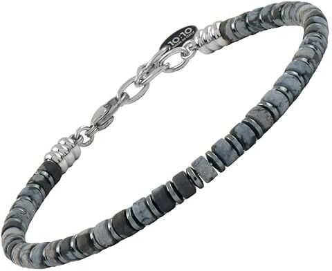 10:10 Bracciale Uomo Pietre Dure Naturali 4 mm Rondelle Ematite Acciaio, Regolabile, Made In Italy (Ossidiana Snow Flake)