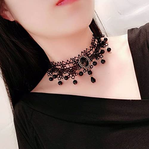 SINLOV Gothic Punk Lace Choker Collana Halloween Fiore Nero Nappa Cristallo Pendente Collana Perla Cristallo Retro Collare Choker Clavicle Neck Catena Gioielli per Le Donne e Ragazze (D)