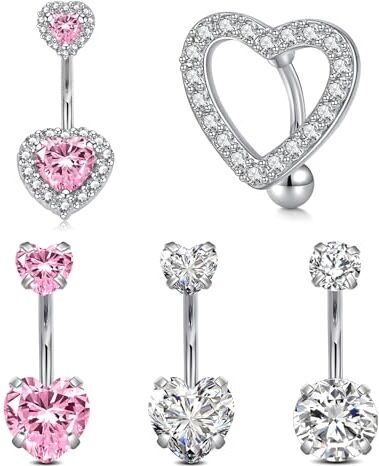 NIUSIMAN piercing ombelico cuore rosa argento 5 pezzi piercing ombelico acciaio chirurgico 10CM piercing ombelico anello Gioielli piercing ventre Anelli del ventre per donne spiaggia/partito