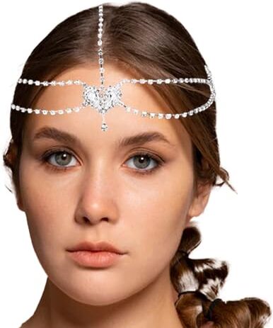 NICENEEDED Copricapo di Gioielli con Diamanti Blu, Catena con Testa di Strass Scintillante A Strati per La Decorazione di Nozze Della Sposa, Accessori per Capelli Boho Heart Gemstone Head Jewelry