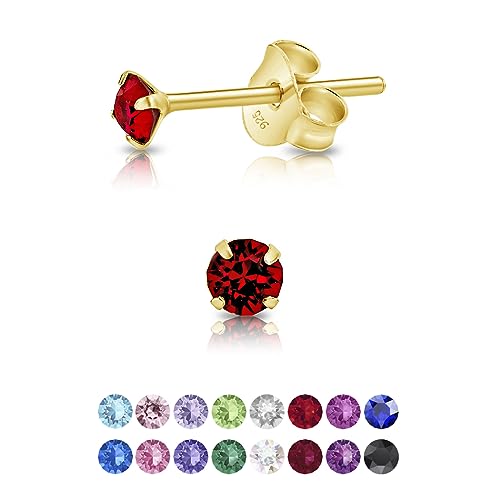 DTPsilver ® Orecchini Rossi Donna Punto Luce Argento 925 Placcato Oro Giallo con Cristalli Swarovski Rosso Rubino 3 mm Orecchini Colorati Punto Luce Oro Orecchini Piccoli con Brillantini