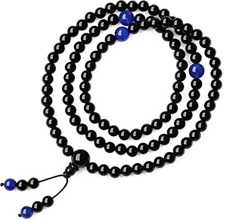 COAI Collana 108 Perle Mala in Onice con Spaziatori in Lapislazzuli