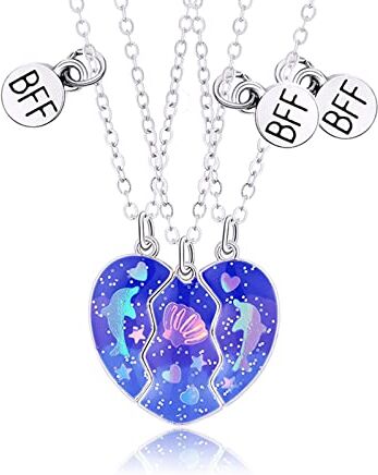 Hifot Collana Amicizia a Tre, Catena Collana Donna Argento, Collana Best Friends per 3 Ragazza Bimba, Conchiglia Delfino Collana a Cuore per BFF Regalo Donna Laurea Compleanno Regali Amica