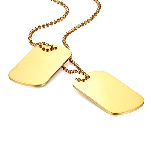 Flongo Pendente Ciondolo Personalizzato Incisione Acciaio Inossidabile Collana Militare, Collana da Uomo Personalizzata, Ciondolo Doppio Dog Tag, Oro 60cm