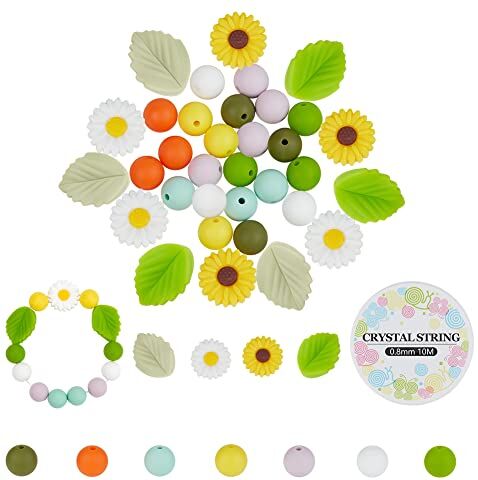 PH PandaHall PandaHall 44 pezzo di Perline In Silicone, 12mm Perline Grosse Fiore Foglia Perline di Gomma Margherita Girasole Perline Sfuse con 10 Iarde / 10m Filo per La Bracciali Collane Creazione di Gioielli