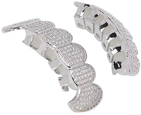 ZJchao Denti Grillz, Bretelle Grillz Denti Hip Hop Set di grill Microset Bretelle diamantate Denti da vampiro Grillz, Denti simulati con diamante superiore e inferiore Set di griglie(argento)