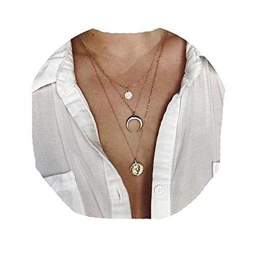 Yheakne Collana con disco a moneta a strati Boho Collana con ciondolo a mezzaluna con medaglione d'oro Collana con catena a più strati Gioielli per donne e ragazze