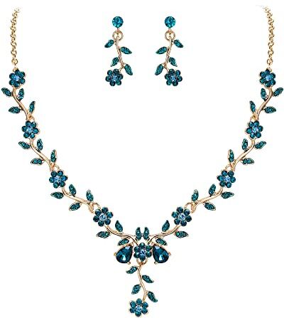 Clearine Matrimonio Gioielli Set Foglia Cluster Fiore Cristalli Ciondolo Collana Orecchini pendenti Set per Sposa Blu Topazio Oro-fondo