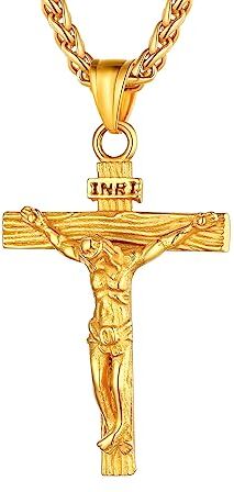 U7 Collana Croce Uomo, Acciaio con Gesù Cristo, Vintage Oro 18K Ciondolo, Crocifisso Donna Amuleto Religioso, Idee Regalo