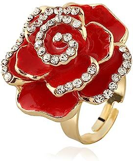 IMINI Anello di promessa con fiore di rosa CZ per donne ragazze dichiarazione diamante cristallo 3D smalto fiori regolabile aperto avvolgere anello comodo da indossare vintage elegante anniversario di