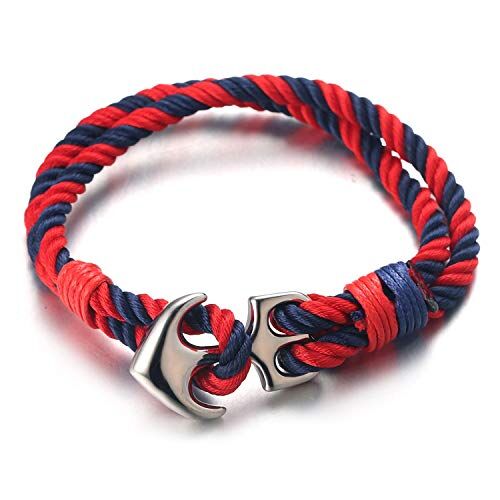 HALUKAKAH ● VELA ● Uomini Bracciale in Corda di Nylon Multicolore Rosso e Blu Fatto a Mano Chiusura con Ancora in Argento 8.26"(21CM),con Confezione REGALO Gratuita