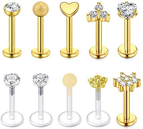 VFUN 16G Piercing Labbro Labret Stud Barra 8MM Acciaio inossidabile Piercing Orecchio Trago Diamond CZ Cuore Medusa Piercing Forward Helix Piercing per Donna 10 Pezzi Piercing Labbro Oro