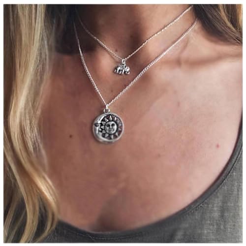 Dervivea Boho Stratificato Elefante Collana Girocollo Stratificato Sole Luna Collana Girocollo Moneta Argento Ciondolo Collana Vintage Sole Viso Collana Catena Gioielli per Donne e Ragazze