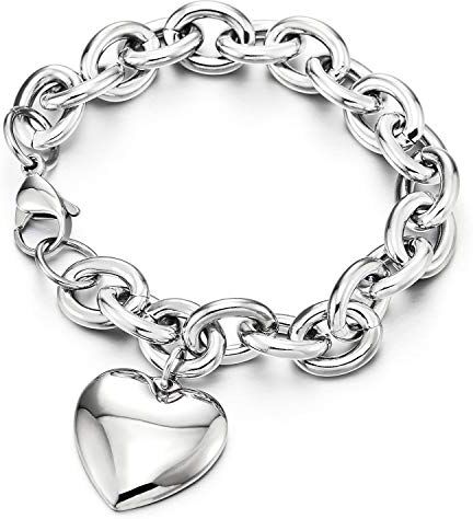 COOLSTEELANDBEYOND Rolo Catena Charm Bracciale Soffio Cuore, Donna, Braccialetto di Fascino, Acciaio Inossidabile, Link Lucido