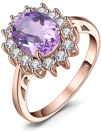 JewelryPalace Kate Middleton Anello Halo Donna Argento 925 con Naturale Ametista Viola, Principessa Diana William Anelli Donna con Pietra Ovale, Fedina Zirconi in Oro Rosa Set Gioielli Donna 21