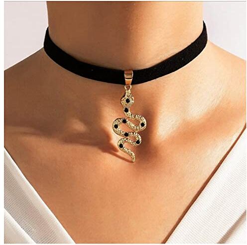 Dervivea Collana girocollo con serpente in velluto punk Collana con ciondolo serpente in oro Collana corta con nastro nero Collana con clavicola in velluto gotico Gioielli per donne e ragazze