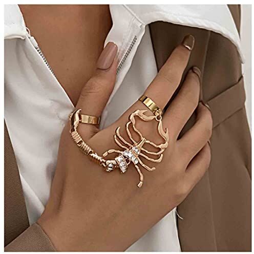 Allereya Anelli forma scorpione in cristallo vintage strass Scorpion Knuckle Chain Rings Set Punk Statement Rings Gold Open Bangle Rings Gioielli per donne e ragazze (oro)