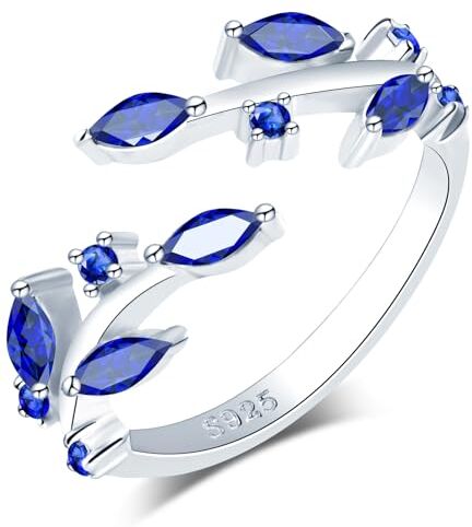 VIKILEE Anello donna 925 in argento Sterling Foglia e Zirconi Blu Impostazione Dimensione Regolabile per Anello di Fidanzamento Anniversario