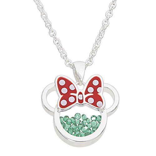 Disney Birthstone Women and Girls Jewelry Minnie Mouse Silver Plated Shaker Pendant Necklace, 18+2" Extender Mickey's 90th Birthday Anniversary