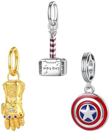 Doyafer Guanto d'oro infinito & Mjolnir S925 Charm Argento Per Bracciale Collana Argento Sterling Dangles Per Le Donne Ragazza 3 Parte/Pacchetto