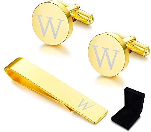 Diamday Gemelli & Fermacravatta Uomo con Iniziali Alfabeto Lettera A-Z Gemelli Fermacravatta Oro personalizzato in acciaio inox Regalo con Scatola per Matrimonio, Sposi, Marito, Padre