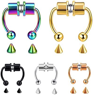 CUHZA 5 Pezzi Cinque Acciaio Inox Percing Naso Finti, Piercing Magnetico Anello Naso Finto, Piercing Septum Finto, Non Penetranti, per Naso, Anelli perDonne, Uomini, con Sostituzione Delle Punte