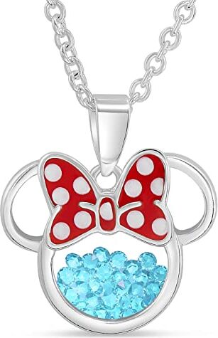 Disney Birthstone Women and Girls Jewelry Minnie Mouse Silver Plated March Aquamarine Light Blue Swarovski Cubic Zirconia Shaker Pendant Necklace, 18+2" Extender Mickey's 90th Birthday Anniversary