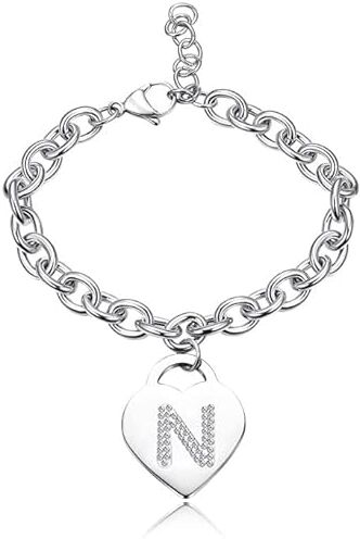 SiLo Bijoux Bracciale con lettera iniziale donna con STRASS in acciaio con lettera NOME charm cuore e cristalli argento alfabeto misura regolabile, nascita, anniversario,idea CONFEZIONE REGALO INCLUSA (N)