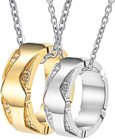 Gualiy Anello Acciaio Inossidabile con Ciondolo, Collana Uomo Donna Coppia Argento Oro Anello con Zircone Collana Donna 17 + Uomo 22