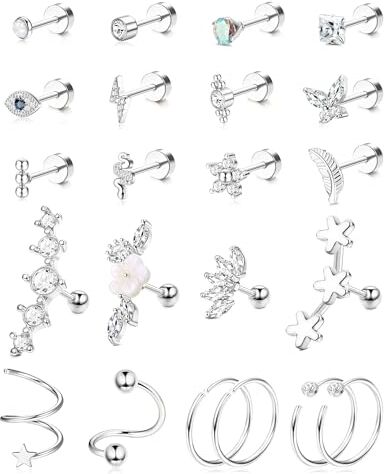 Dochais 22 Pezzi Piercing Cartilagine Helix Piercing Helix Acciaio Inossidabile Piercing Orecchio Helix Cerchio Orecchini Piercing Trago Argento Piercing Conch Orecchio per Donna 16G 18G 20G